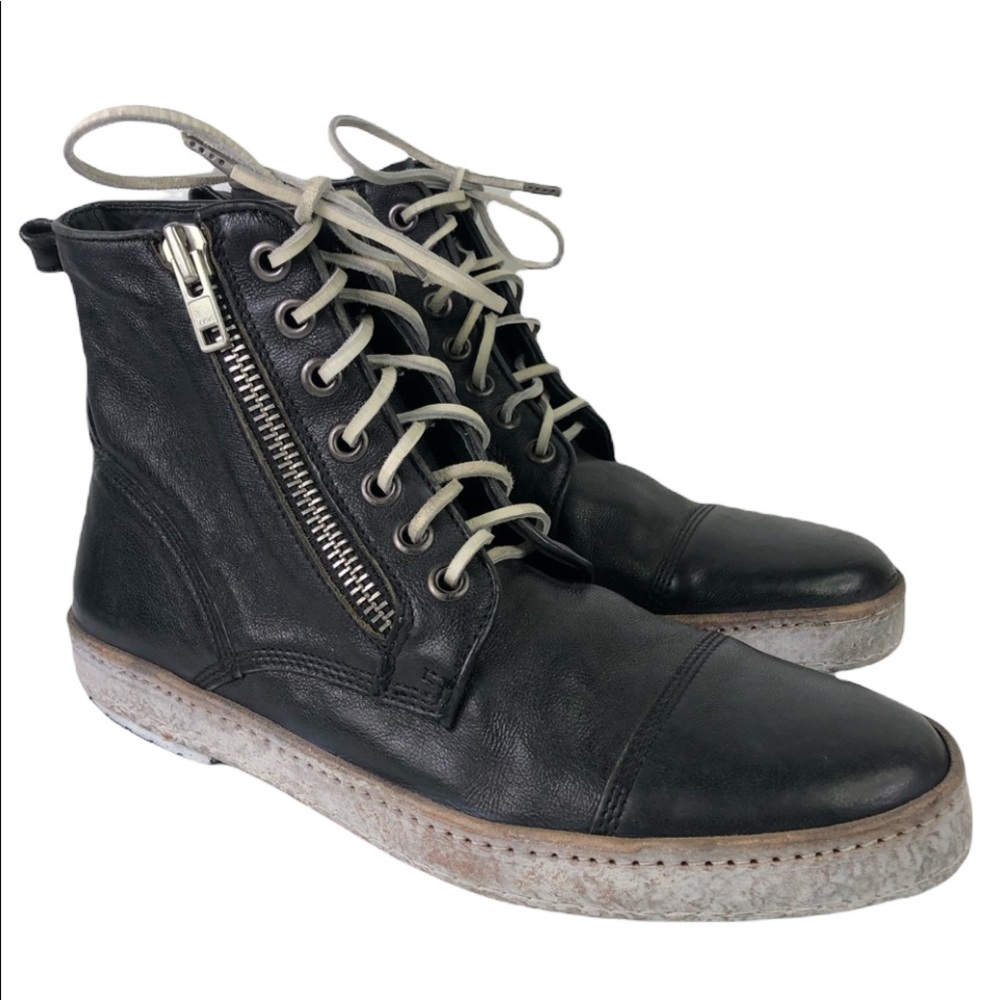 John Varvatos Black Leather Men's Zip And Laceup Boots